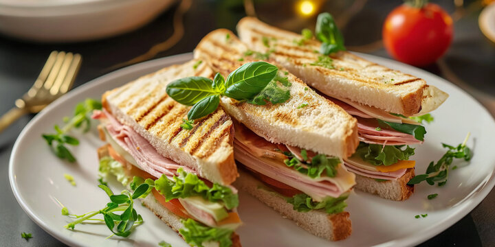 Leckere Sandwich mit Tomaten Wurst und Basilikum angerichtet als Foodfotografie, ai generativ