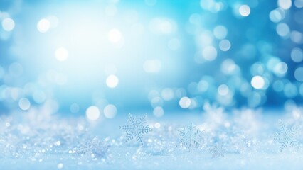 Glistening Winter Wonderland: Sparkling Snowflakes and Icy Blue Bokeh Poster or Sign with Open Empty Copy Space for Text 
