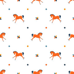 Running cartoon cute horses, seamless vector pattern