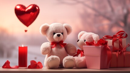 Two cute teddy bear and red gift boxes, Valentine's day and love concept. Romantic background. Generative AI.