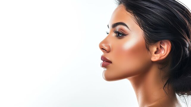 A close-up view of a woman showing her side profile with detailed facial features against a white background.