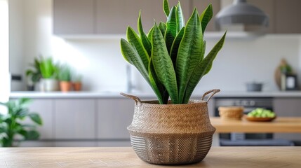 A potted snake plant sitting on top of a wooden table. Snake plant in rattan basket.