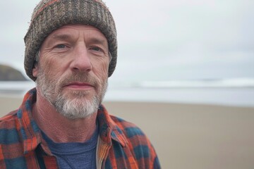 Middle aged man on the beach - obrazy, fototapety, plakaty