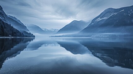 Obraz premium Mountains meet a pristine lake. Cool blues and greens converge in a harmonious dance, encapsulating the serene coexistence of elevation and water.