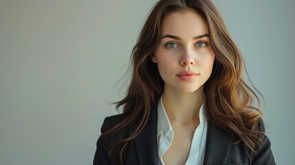 A young woman with long brown hair is wearing a dark blazer over a white shirt and has clear blue eyes.