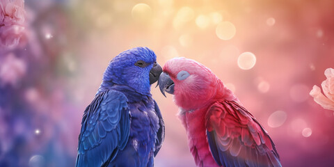 Wunderschöne Papageien in rot und blau beim Küssen als Nahaufnahme für Poster und Kalender, ai generativ - obrazy, fototapety, plakaty