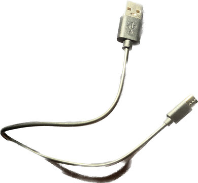 USB charging cable for electronic equipment, black in color and short in length. USB and fast charging socket. Connection for mobile phones and power banks. Image with neutral background.