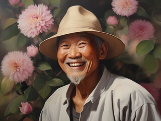 Painting of an elderly Asian man with a smile on her face. Flower background. Generative AI