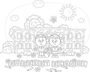 Happy little girl and boy in front of their pretty nursery school on a sunny summer day, black and white vector cartoon illustration for a coloring book
