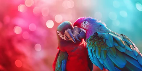 Foto op Plexiglas Wunderschöne Papageien in rot und blau beim Küssen als Nahaufnahme für Poster und Kalender, ai generativ © www.freund-foto.de