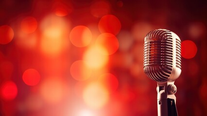 Fototapeta na wymiar Vintage Live Radio Performance Microphone on Bokeh Background with Warm Glowing Lights, Horizontal Poster or Sign with Open Empty Copy Space for Text 