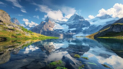 Fototapeta na wymiar Reflective allure of a mountain-lake duo. Towering peaks and crystal waters, painting a captivating portrait of nature's poetry.