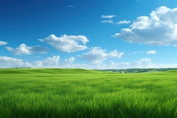 Fototapeta na wymiar Sunny day on meadow field with green grass and blue sky