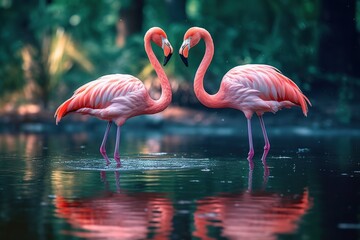 Fototapeta premium Pink flamingos standing in a lake