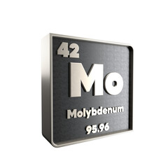 Molybdenum chemical element black and metal icon with atomic mass and atomic number. 3d render illustration.