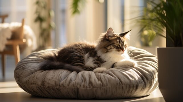 charm of a cute cat in its element, lying contentedly in a plush cat bed. The adorable feline exudes relaxation, creating an irresistible image of domestic bliss and comfort