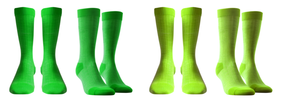 2 Set of dark light green lime, front side view blank plain socks on transparent background, PNG file. Mockup template for artwork design - Powered by Adobe