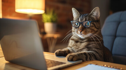 portrait of a cat wearing glasses working in the office using a laptop