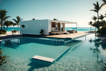 A mobile home with swimming pool parked on a pristine beach, where the pool provides a private oasis beside the vast expanse of the ocean.
