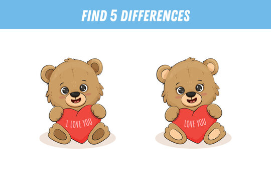 Find five differences between two pictures of cute brown bear. Cute teddy bear with heart. Activity page, game. Vector