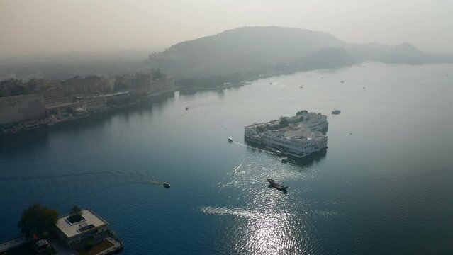 Aerial View of The Taj Lake Palace and City Palance on Lake Pichola In Udaipur, Rajasthan, India.