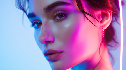 Closeup of a beautiful woman with neon light. fashion photography