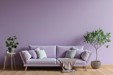 Room with a pastel lavender color wall, parquet floor and light purple sofa. Interior design mockup