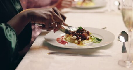 Hands, food and plate at dinner party or cutting meat at table at social event, gala or celebration. Person, fingers and cutlery or champagne glass for hungry nutrition, restaurant or fine dining