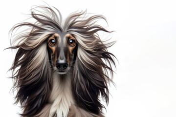 Afghan Hound dog with strange facial expressions Isolated on white background. ai generative