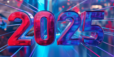 Jahreswechsel 2025 in bunten leuchtenden Neon Zahlen und Lichter Bokeh im Querformat f&uuml;r Banner