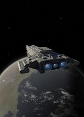 Spaceship Carrier in Orbit around a Blue Green Planet, 3d digitally rendered science fiction illustration