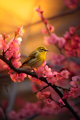 Fototapeta premium During the spring season, a bird perches gracefully on a sakura tree in full bloom