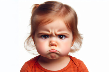 Angry disgruntled little baby girl Isolated on white background. ai generative