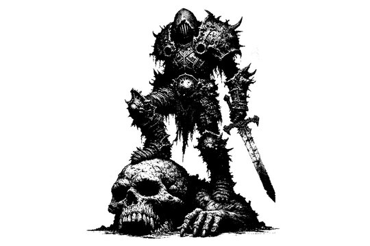 Death knight standing over a dead troll in hand drawn style