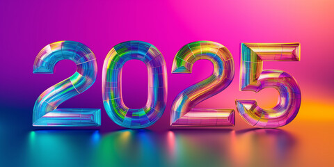 Jahreswechsel 2025 in bunten leuchtenden Neon Zahlen und Lichter Bokeh im Querformat für Banner, ai generativ - obrazy, fototapety, plakaty
