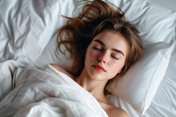 Close-up portrait of a young woman sleeping in bed.