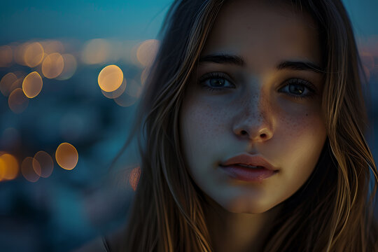 of an attractive young European girl, good detail of the skin of the face, eyes in focus, against the backdrop of a night cityscape, in the style of serenity and calm, mons&ugrave; desiderio