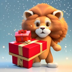 3D illustration of a cute lion character holding a gift box