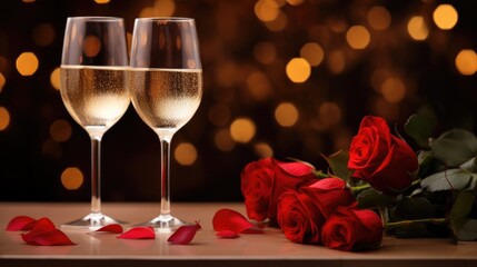 Celebrate love in style with an image featuring champagne and red roses with bokeh lights for Valentine's Day.