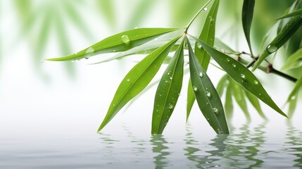 Fototapeta premium calming allure of bamboo leaves with water drops on a white background.