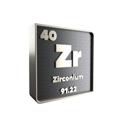 Zirconium chemical element black and metal icon with atomic mass and atomic number. 3d render illustration.