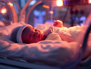 Sleeping newborn receives phototherapy in NICU, showcasing delicate medical care - obrazy, fototapety, plakaty