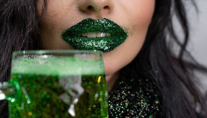 mulher com batom verde brilhante glitter copo de bebida - obrazy, fototapety, plakaty