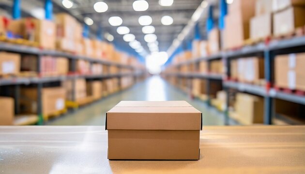 caixas em um armaz&eacute;m moderno cheio de prateleiras. Log&iacute;stica e transporte. Centro de distribui&ccedil;&atilde;o de produtos.