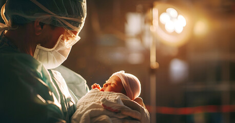 Golden hour for a new life as a doctor holds a newborn, a perfect blend of science and miracle