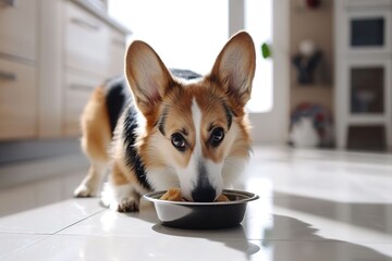 corgi puppy nibbling on scattered food in sunlit kitchen, expressing curiosity - concept of pet care, animal behavior, and home life