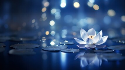 Serenity on Water: A Single Lotus Flower Amidst a Tranquil Blue Pond, Horizontal Poster or Sign with Open Empty Copy Space for Text 

