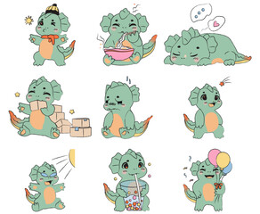Set of cute cartoon dragons with different emotions. Vector illustration.
