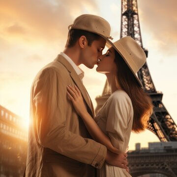 man and woman kissing in Paris
