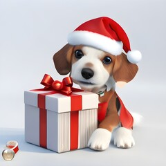 3D illustration of a cute dog character holding a gift box
